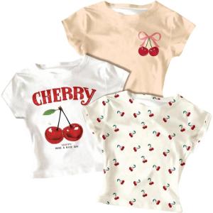 image:imageGirls 3 Packs Graphic Tees Vacation Hibiscus Top Crewneck Short Sleeve Cute Tops Summer Slim Fit T ShirtMulticolor Red