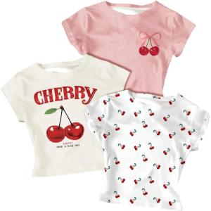 image:imageGirls 3 Packs Graphic Tees Vacation Hibiscus Top Crewneck Short Sleeve Cute Tops Summer Slim Fit T ShirtMulticolored Pink