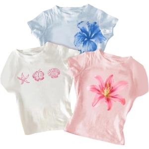image:imageGirls 3 Packs Graphic Tees Vacation Hibiscus Top Crewneck Short Sleeve Cute Tops Summer Slim Fit T ShirtPink White Blue