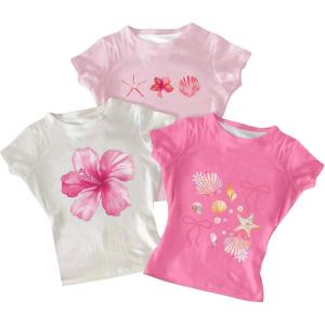 image:imageGirls 3 Packs Graphic Tees Vacation Hibiscus Top Crewneck Short Sleeve Cute Tops Summer Slim Fit T ShirtWhite Light and Hot Pink