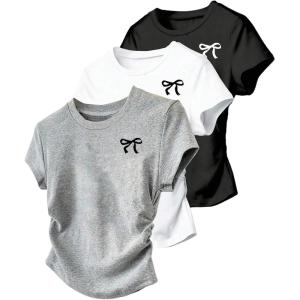 image:imageGirls 3 Packs Short Sleeve Ruched T Shirt Crewneck Slim Fit Basic Tee Tops Summer ClothesBow Grey White Black