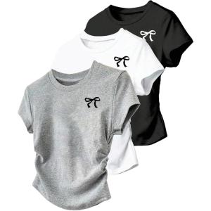 image:imageGirls 3 Packs Short Sleeve Ruched T Shirt Crewneck Slim Fit Basic Tee Tops Summer ClothesBow White Grey Black