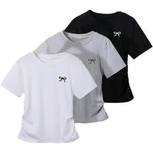 image:imageGirls 3 Packs Short Sleeve Ruched T Shirt Crewneck Slim Fit Basic Tee Tops Summer ClothesGrey Black White