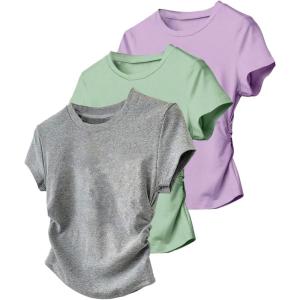 image:imageGirls 3 Packs Short Sleeve Ruched T Shirt Crewneck Slim Fit Basic Tee Tops Summer ClothesGrey Green Purple