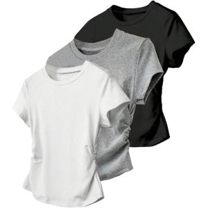 image:imageGirls 3 Packs Short Sleeve Ruched T Shirt Crewneck Slim Fit Basic Tee Tops Summer ClothesGrey White Black