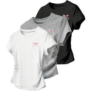 image:imageGirls 3 Packs Short Sleeve Ruched T Shirt Crewneck Slim Fit Basic Tee Tops Summer ClothesPure White Grey Black