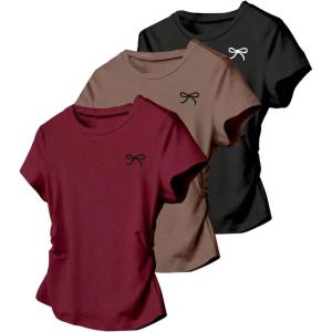 image:imageGirls 3 Packs Short Sleeve Ruched T Shirt Crewneck Slim Fit Basic Tee Tops Summer ClothesRed Black Brown