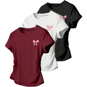image:imageGirls 3 Packs Short Sleeve Ruched T Shirt Crewneck Slim Fit Basic Tee Tops Summer ClothesRed Black White