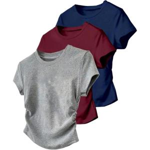 image:imageGirls 3 Packs Short Sleeve Ruched T Shirt Crewneck Slim Fit Basic Tee Tops Summer ClothesRed Blue Grey