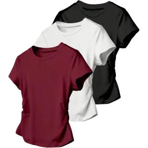 image:imageGirls 3 Packs Short Sleeve Ruched T Shirt Crewneck Slim Fit Basic Tee Tops Summer ClothesRed White Black