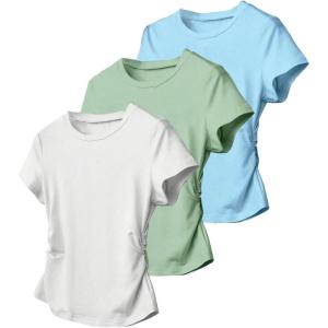 image:imageGirls 3 Packs Short Sleeve Ruched T Shirt Crewneck Slim Fit Basic Tee Tops Summer ClothesSolid Multicolor