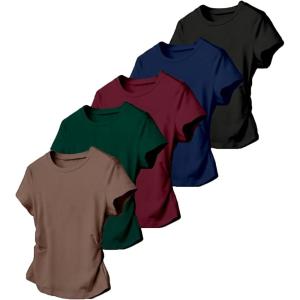 image:imageGirls 5 Packs T Shirts Short Sleeve Ruched Tee Tops Summer Fitted Crewneck Basic TopBrown Green Red Blue Black