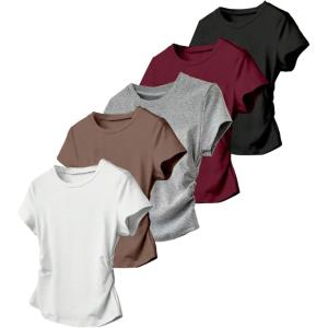 image:imageGirls 5 Packs T Shirts Short Sleeve Ruched Tee Tops Summer Fitted Crewneck Basic TopMulticolor