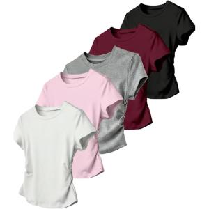 image:imageGirls 5 Packs T Shirts Short Sleeve Ruched Tee Tops Summer Fitted Crewneck Basic TopWhite Brown Grey Red Black