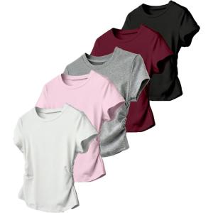 image:imageGirls 5 Packs T Shirts Short Sleeve Ruched Tee Tops Summer Fitted Crewneck Basic TopWhite Pink Grey Black Red