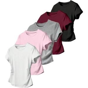 image:imageGirls 5 Packs T Shirts Short Sleeve Ruched Tee Tops Summer Fitted Crewneck Basic TopWhite Pink Grey Red Black