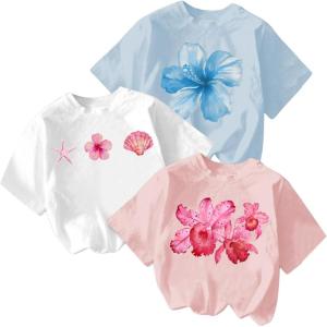 image:imageGirls Bow Cherry Graphic Tees Short Sleeve Crewneck Cute T Shirts Tops for Teens Summer TopsFloral Multicolor