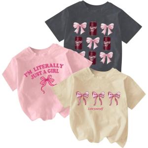 image:imageGirls Bow Cherry Graphic Tees Short Sleeve Crewneck Cute T Shirts Tops for Teens Summer TopsGrey Pink Beige