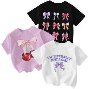 image:imageGirls Bow Cherry Graphic Tees Short Sleeve Crewneck Cute T Shirts Tops for Teens Summer TopsWhite Purple White