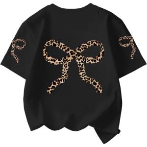 image:imageGirls Bow Leopard Graphic Tees Short Sleeve Preppy Summer T Shirts Aesthetic Cute Tops StreetwearBow Print