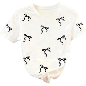 image:imageGirls Bowknot Letter Graphic Tshirt Short Sleeve Crew Neck Cute Summer Tee TopsBlack Bow White