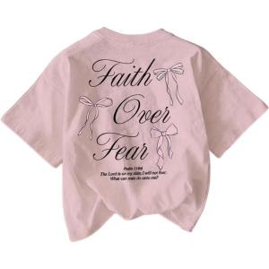 image:imageGirls Bowknot Letter Graphic Tshirt Short Sleeve Crew Neck Cute Summer Tee TopsPink