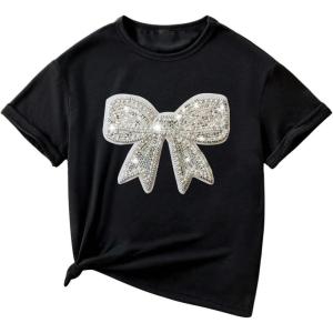 image:imageGirls Bowknot Pearl Sequin Tops Crew Neck Short Sleeve Casual Summer T Shirts Cute Clothes TrendyBow Black