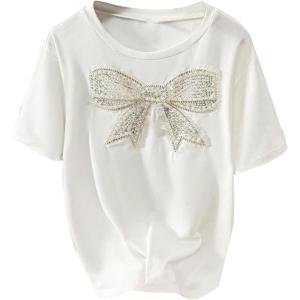 image:imageGirls Bowknot Pearl Sequin Tops Crew Neck Short Sleeve Casual Summer T Shirts Cute Clothes TrendyWhite