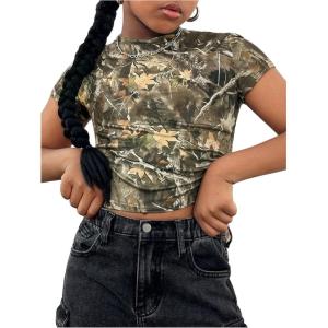 image:imageGirls Camo Crop Tight Shirts Branch Print Short Sleeve Slim Fitted TShirtArmy Green