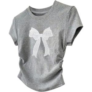 image:imageGirls Cute Sequin Bow Tops Ruched Short Sleeve Crew Neck Slim Fit T ShirtsBow Grey