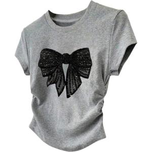 image:imageGirls Cute Sequin Bow Tops Ruched Short Sleeve Crew Neck Slim Fit T ShirtsGrey