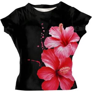 image:imageGirls Floral Graphic Crop Tops Tees Short Sleeve Crewneck Cute Slim Fit T Shirt Summer TopsBlack