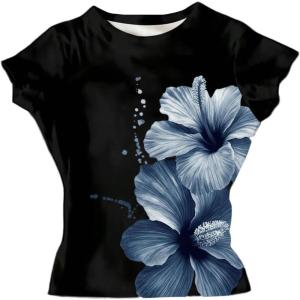 image:imageGirls Floral Graphic Crop Tops Tees Short Sleeve Crewneck Cute Slim Fit T Shirt Summer TopsBlack Blue