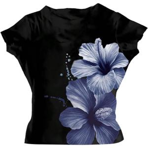 image:imageGirls Floral Graphic Crop Tops Tees Short Sleeve Crewneck Cute Slim Fit T Shirt Summer TopsDeep Blue Black