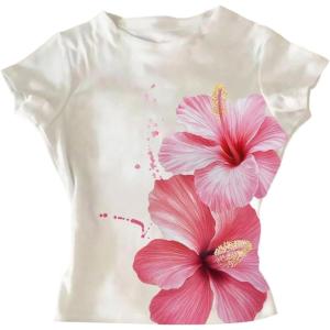 image:imageGirls Floral Graphic Crop Tops Tees Short Sleeve Crewneck Cute Slim Fit T Shirt Summer TopsFloral White