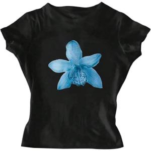 image:imageGirls Floral Graphic Crop Tops Tees Short Sleeve Crewneck Cute Slim Fit T Shirt Summer TopsFlower Black