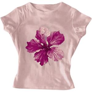 image:imageGirls Floral Graphic Crop Tops Tees Short Sleeve Crewneck Cute Slim Fit T Shirt Summer TopsHibiscus Pink