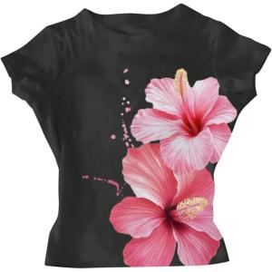 image:imageGirls Floral Graphic Crop Tops Tees Short Sleeve Crewneck Cute Slim Fit T Shirt Summer TopsPink Hibiscus Black