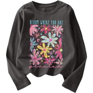 image:imageGirls Floral Graphic Tees Crew Neck Long Sleeve T Shirts Streetwear Tops Fall OutfitsDark Grey