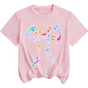 image:imageGirls Graphic Tee Shirt Short Sleeve Round Neck Preppy Casual Trendy Cute Summer TopsBow Graphic Pink