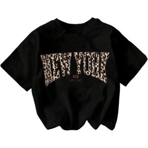 image:imageGirls Graphic Tee Shirt Short Sleeve Round Neck Preppy Casual Trendy Cute Summer TopsCheetah Black