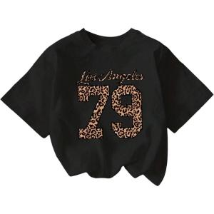 image:imageGirls Graphic Tee Shirt Short Sleeve Round Neck Preppy Casual Trendy Cute Summer TopsCheetah Letter Black
