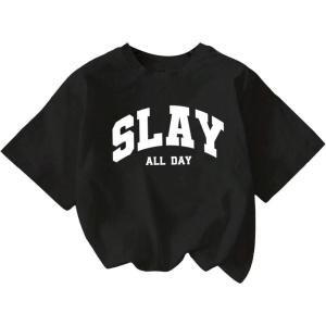 image:imageGirls Graphic Tee Shirt Short Sleeve Round Neck Preppy Casual Trendy Cute Summer TopsGraphic Letter Black