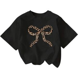 image:imageGirls Graphic Tee Shirt Short Sleeve Round Neck Preppy Casual Trendy Cute Summer TopsLeopard Bow Black