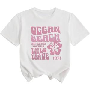 image:imageGirls Graphic Tee Shirt Short Sleeve Round Neck Preppy Casual Trendy Cute Summer TopsWhite and Pink