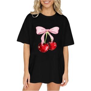 image:imageGirls Graphic Tees Short Sleeve Crewneck T Shirts Casual Summer Tops Cute Preppy ClothesCherry Black