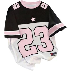 image:imageGirls Jersey Shirts Color Block Number Graphic Tees Short Sleeve Crew Neck Sports T ShirtMulticolor