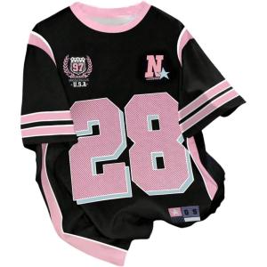 image:imageGirls Jersey Shirts Color Block Number Graphic Tees Short Sleeve Crew Neck Sports T ShirtPink and Black
