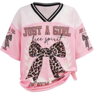 image:imageGirls Leopard Bows Graphic Tees Oversized Y2K Jersey Mesh Color Block Short Sleeve V Neck T ShirtPink