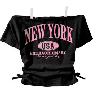 image:imageGirls Off The Shoulder Letter Graphic Tees Short Sleeve Ruched Bowknot T Shirts Cute Crop TopsBlack and Pink